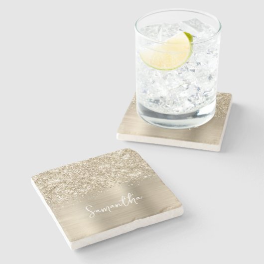 Glittery Pale Gold Glam Name Steinuntersetzer (Seitenansicht)