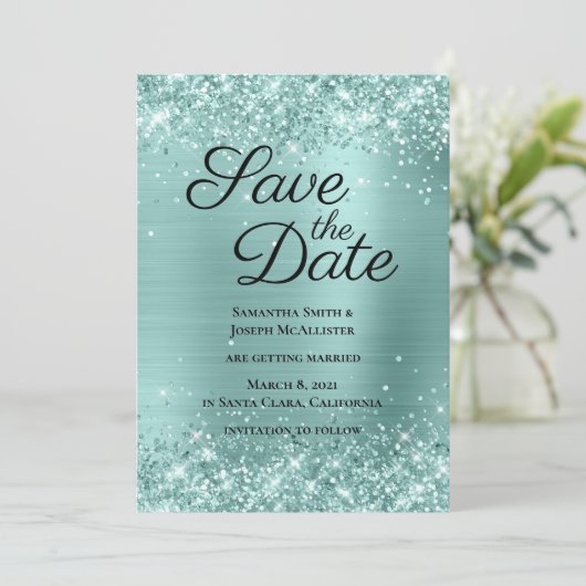 Glittery Pale Turquoise Ombre Foil Save The Date (Stehend Vorderseite)