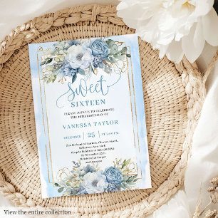 Glittery Pastel Blue White Peonies Sweet 16 Einlad Einladung