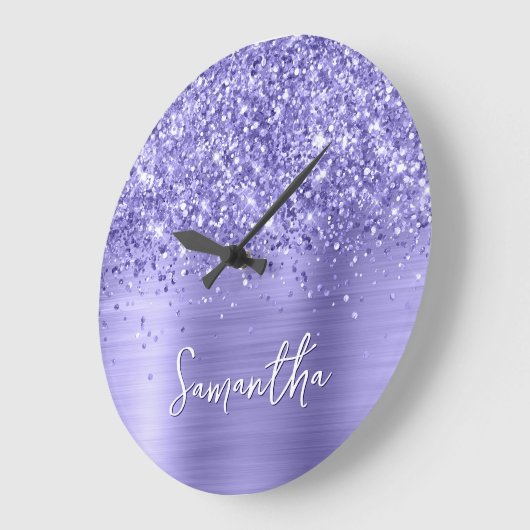 Glittery Periwinkle Foil Name Große Wanduhr (Winkel)