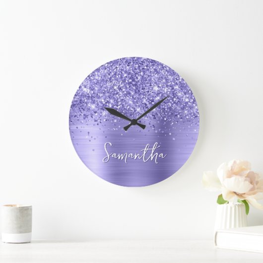 Glittery Periwinkle Foil Name Große Wanduhr (Zuhause)