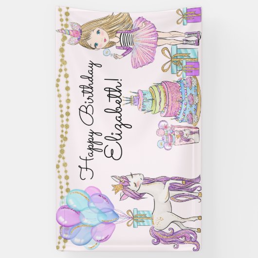Glittery Pink Birthday Girl Unicorn Glam Banner (Vertikal)