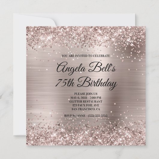 Glittery Pink Champagne Faux Foil 75th Birthday Einladung (Vorderseite)