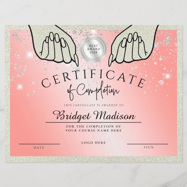 Glittery Pink Nail Certificate of Completion (Vorderseite)