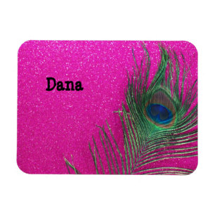Glittery Pink Peacock Feather Magnet
