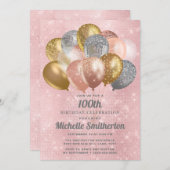Glittery Pink Silver Gold Balloons 100. Geburtstag Einladung (Vorne/Hinten)