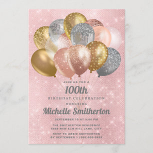 Glittery Pink Silver Gold Balloons 100. Geburtstag Einladung