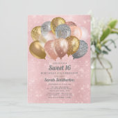 Glittery Pink Silver Gold Balloons Sweet 16 Einladung (Stehend Vorderseite)
