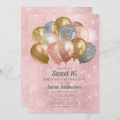 Glittery Pink Silver Gold Balloons Sweet 16 Einladung (Vorne/Hinten)