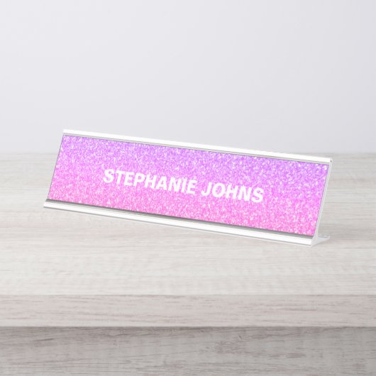 Glittery Pink White Silver Monogram Name Custom Schreibtischnamensplakette (Vorderseite )