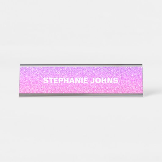 Glittery Pink White Silver Monogram Name Custom Schreibtischnamensplakette (Vorderseite )