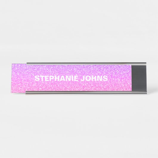 Glittery Pink White Silver Monogram Name Custom Schreibtischnamensplakette (Vorderseite )