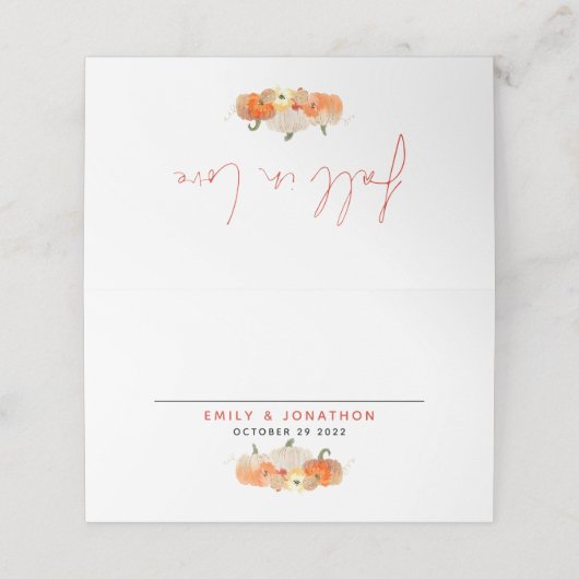 Glittery Pumpkins fallen in Lieben Namen Hochzeit Platzkarte (Außenseite Aufgefaltet)