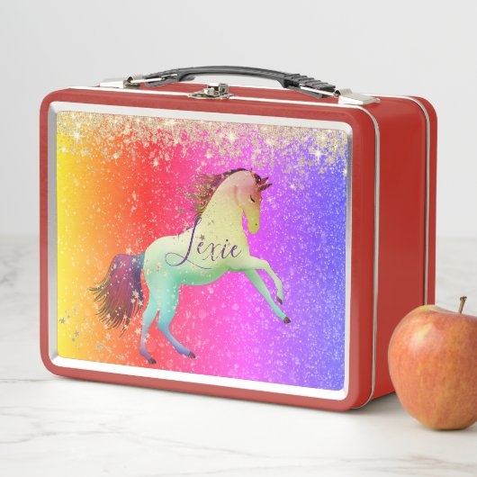 Glittery Rainbow Unicorn Personalisiert Metall Brotdose (Beispiel)