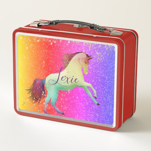 Glittery Rainbow Unicorn Personalisiert Metall Brotdose (Rückseite)