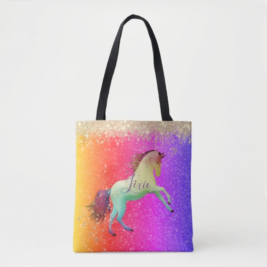 Glittery Rainbow Unicorn Personalisiert Tasche (Vorderseite)