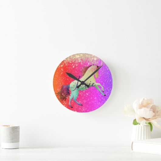 Glittery Rainbow Unicorn Runde Wanduhr (Zuhause)