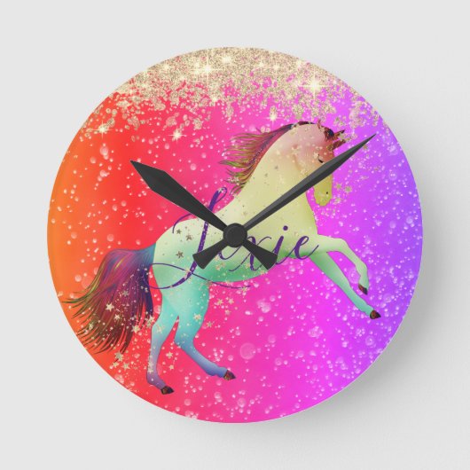 Glittery Rainbow Unicorn Runde Wanduhr (Vorderseite)