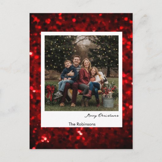 Glittery Red Background Polaroid Photo Christmas  Postkarte (Vorderseite)