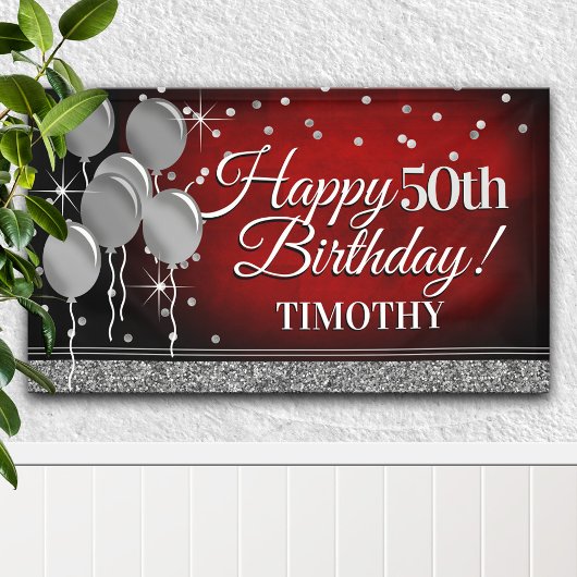 Glittery Red und Silver Happy Birthday Banner