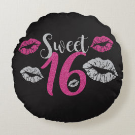 Glittery rosa silberne Küsse des Bonbon-16 Rundes Kissen