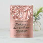 Glittery Rose Gold Ballon 21. Geburtstag Einladung (Stehend Vorderseite)