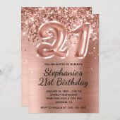 Glittery Rose Gold Ballon 21. Geburtstag Einladung (Vorne/Hinten)