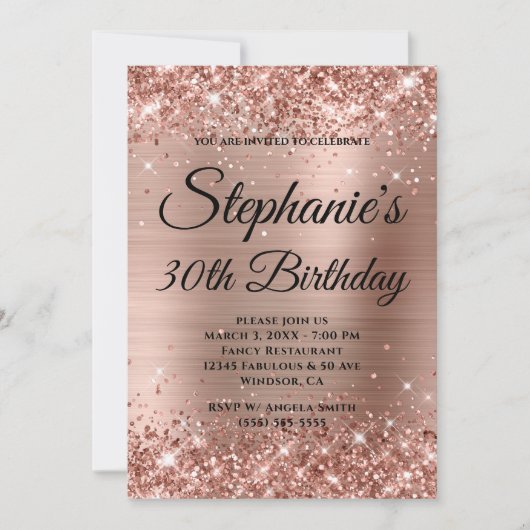 Glittery Rose Gold Extravagant Monogram 30. Geburt Einladung (Vorderseite)