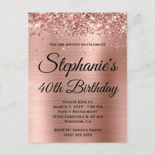 Glittery Rose Gold Extravagant Monogram 40. Geburt Einladungspostkarte