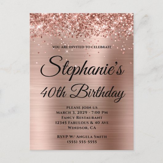 Glittery Rose Gold Extravagant Monogram 40. Geburt Einladungspostkarte (Vorderseite)
