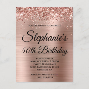 Glittery Rose Gold Extravagant Monogram 50. Geburt Einladungspostkarte