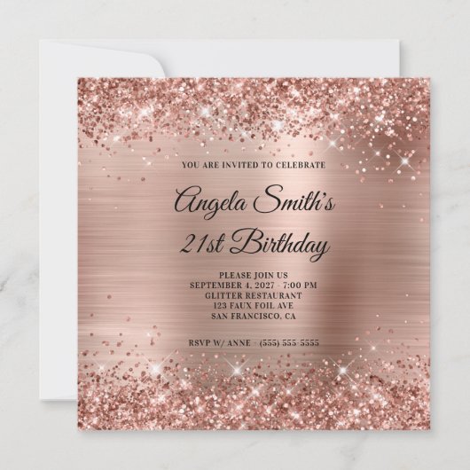 Glittery Rose Gold Foil 21. Geburtstag Einladung (Vorderseite)