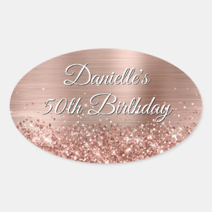 Glittery Rose Gold Foil 50. Geburtstag Ovaler Aufkleber