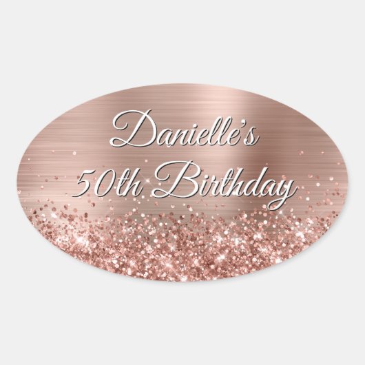 Glittery Rose Gold Foil 50. Geburtstag Ovaler Aufkleber (Vorderseite)