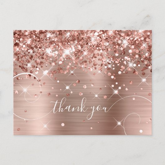 Glittery Rose Gold Foil Curly Script Vielen Dank Postkarte (Vorderseite)