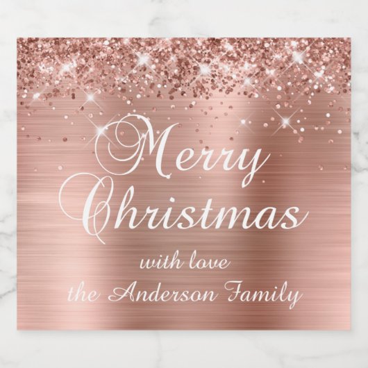 Glittery Rose Gold Foil Frohe Weihnachten Schaumweinetikett (Einzelnes Label)