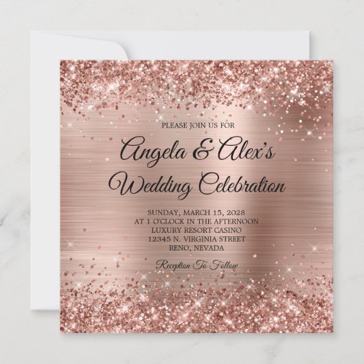 Glittery Rose Gold Foil Glam Wedding Einladung (Vorderseite)