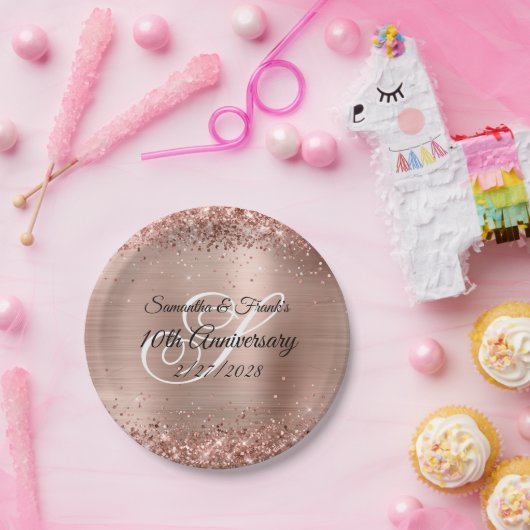 Glittery Rose Gold Foil Monogram 10 Jahre Pappteller (Party)