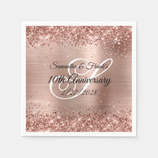 Glittery Rose Gold Foil Monogram 10 Jahre Serviette (Vorderseite)