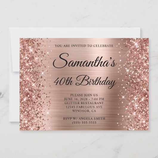 Glittery Rose Gold Foil Monogram 40. Geburtstag Einladung (Vorderseite)