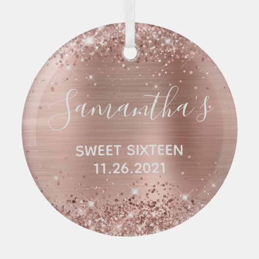 Glittery Rose Gold Foil Sweet 16 Ornament Aus Glas (Vorderseite)