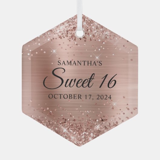 Glittery Rose Gold Foil Sweet 16 Ornament Aus Glas (Vorderseite)