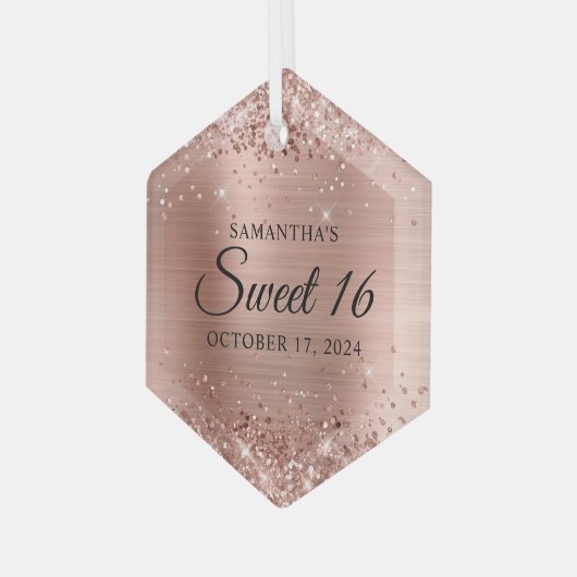 Glittery Rose Gold Foil Sweet 16 Ornament Aus Glas (Vorderseite Links)
