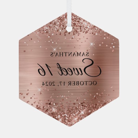 Glittery Rose Gold Foil Sweet 16 Ornament Aus Glas (Rückseite)