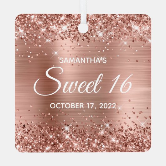 Glittery Rose Gold Foil Sweet 16 Ornament Aus Metall (Rückseite)