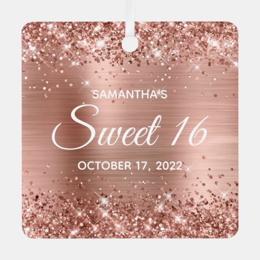 Glittery Rose Gold Foil Sweet 16 Ornament Aus Metall (Vorderseite)
