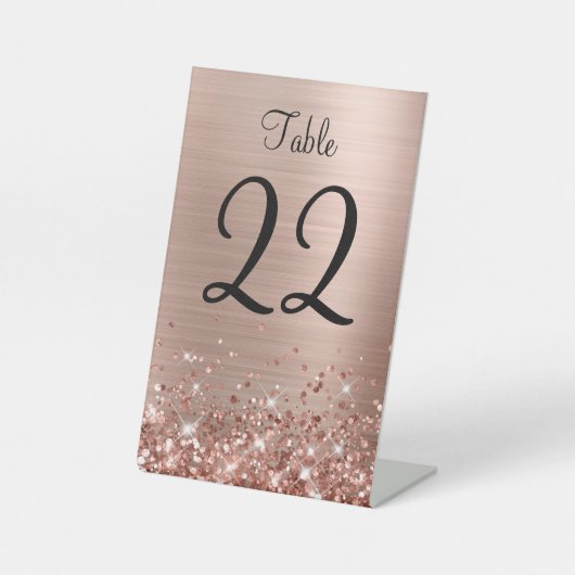 Glittery Rose Gold Foil Wedding Tischnummer Zeiche Sockelschild (Vorderseite)