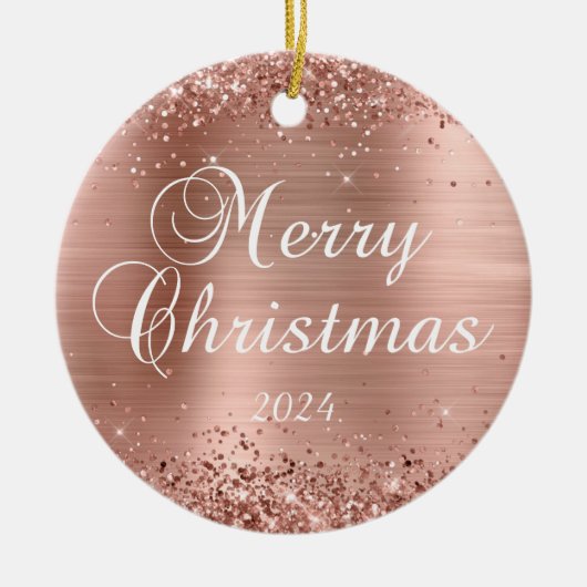 Glittery Rose Gold Frohe Weihnachtsfamilie Foto Keramik Ornament (Vorne)