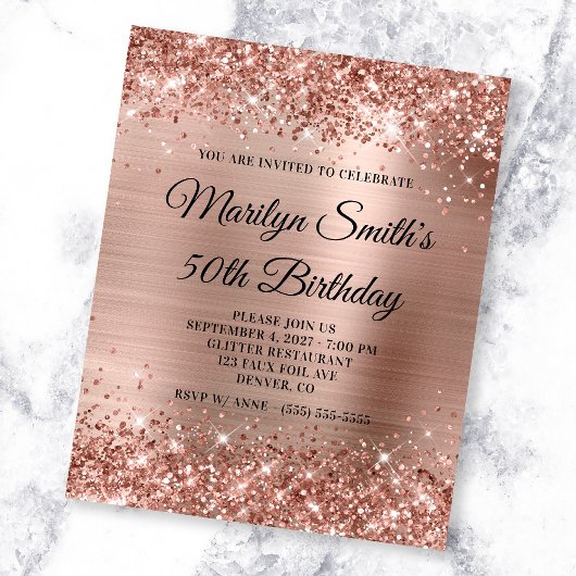 Glittery Rose Gold Glam 50. Geburtstag Einladung Flyer