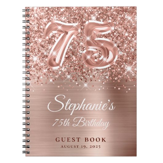 Glittery Rose Gold Glam 75. Geburtstag Gästebuch Notizblock (Vorderseite)